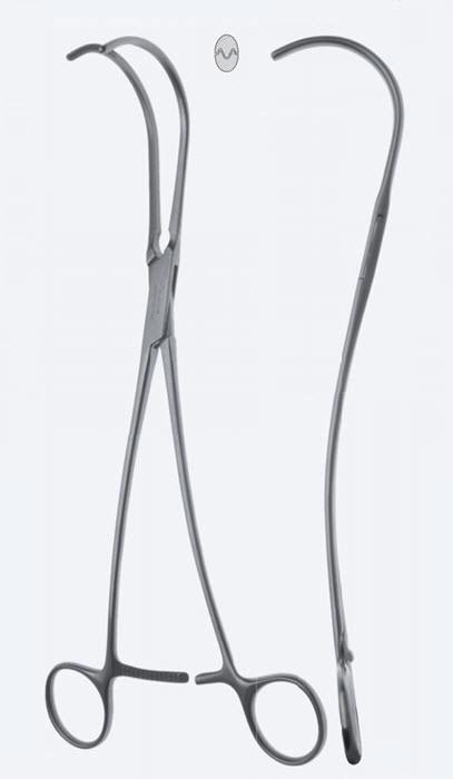 Зажими судинні De Bakey-Semb для аорти, зубці De Bakey з вигнутою ручкою, вигнуті, довжина 265 мм. Бренд - Asanus Medizintechnik Gmb, Німеччина